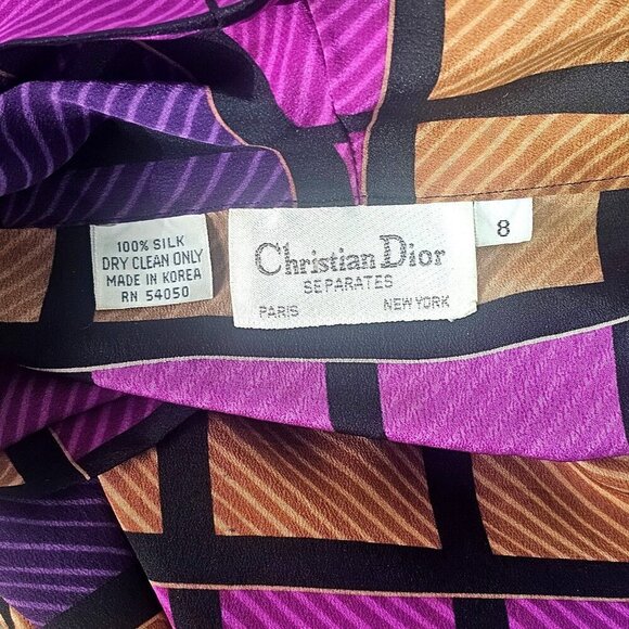 Christian Dior Separates 80s Silk Blouse Size 6/8 Purple Multi 3/4 Slv Cowl Neck - Picture 3 of 8